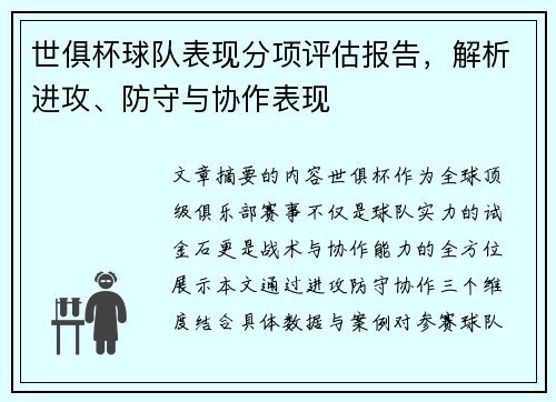 世俱杯球队表现分项评估报告，解析进攻、防守与协作表现