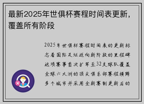 最新2025年世俱杯赛程时间表更新，覆盖所有阶段